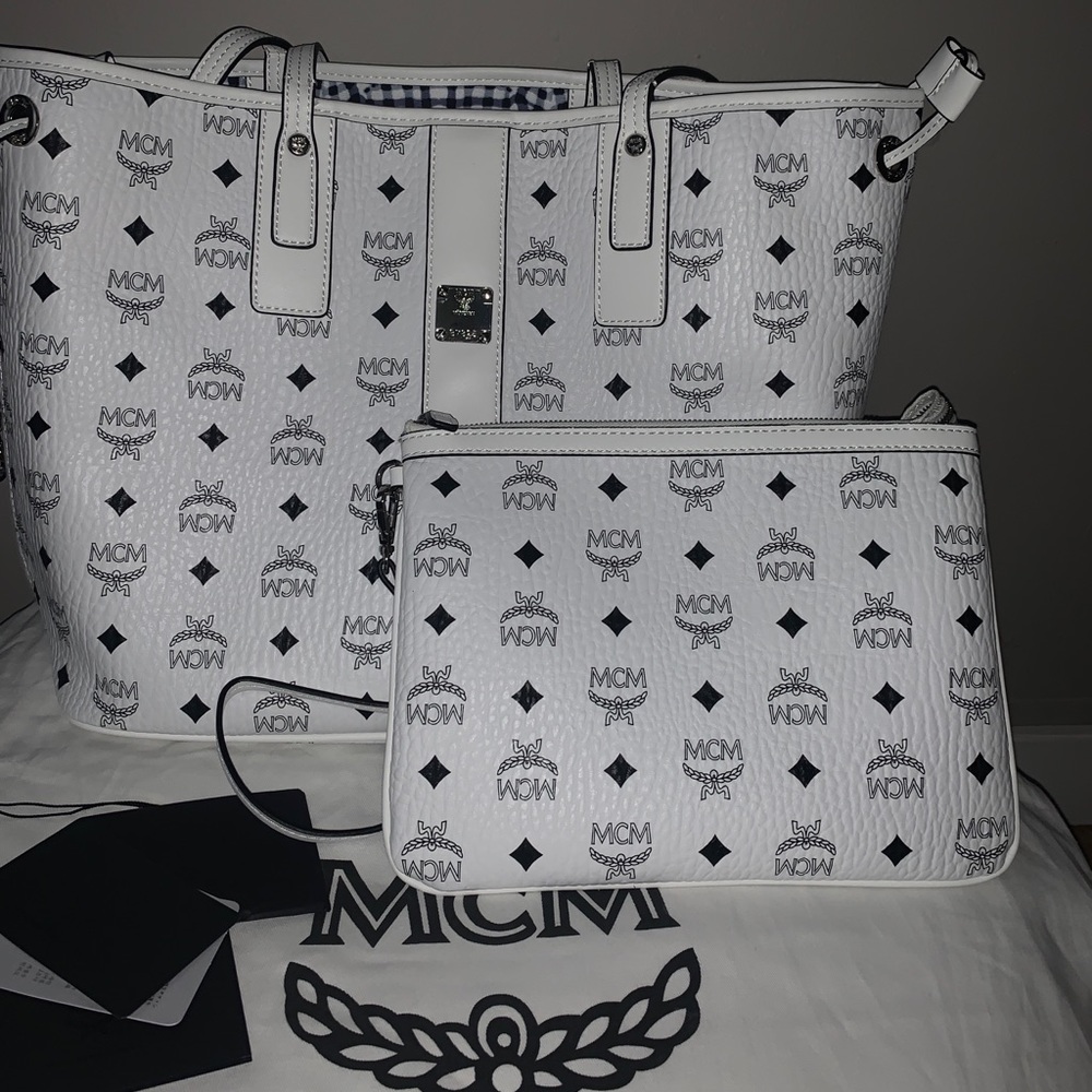 White mcm tote with pouch